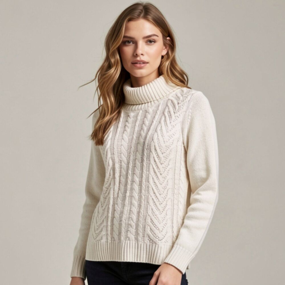 Lands' End Drifter 100% Cotton Cable Knit Sweater Cream Womens Sz M Petite